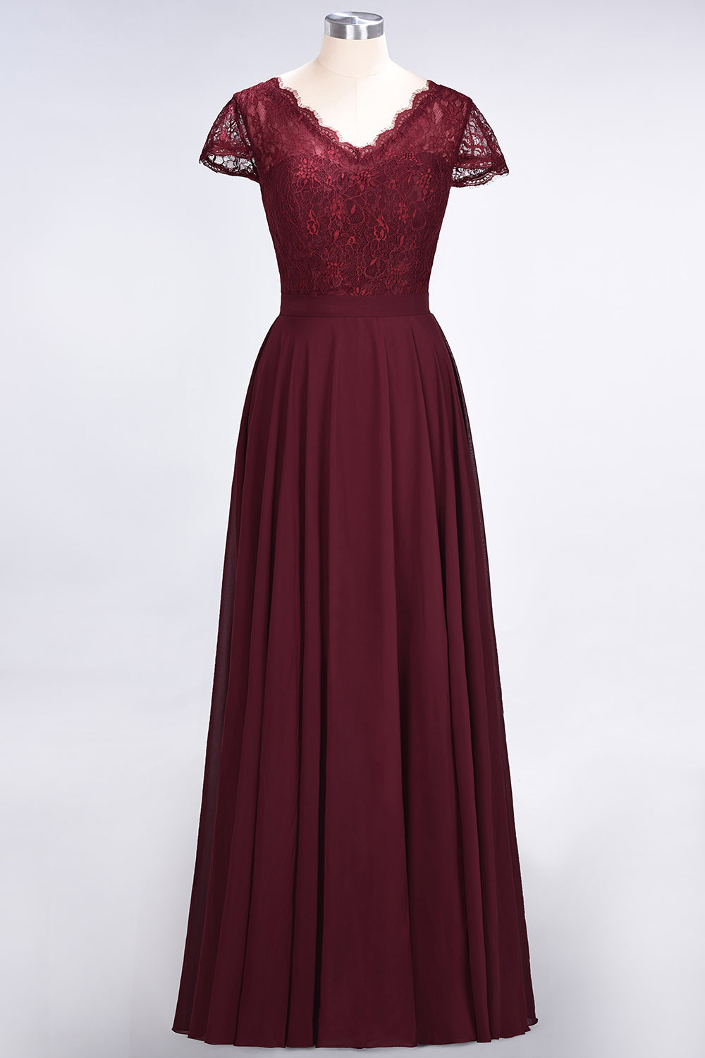 Elegant Lace V-Neck Burgundy Bridesmaid Dress with Cap Sleeves-Babyonlines