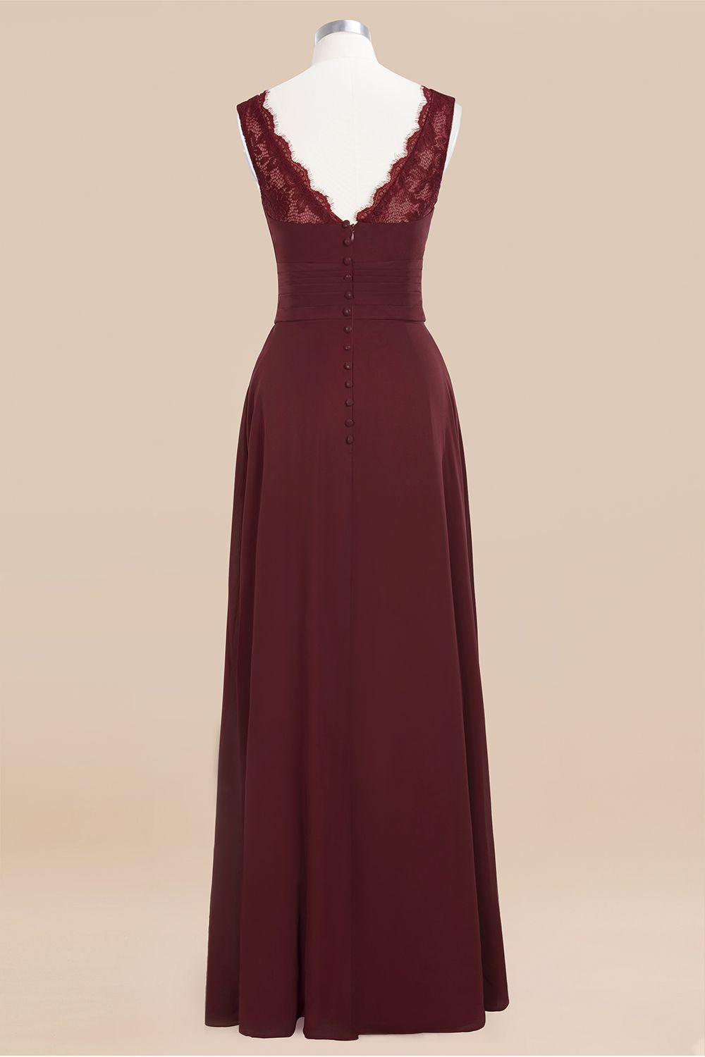 Elegant Lace V-Neck Burgundy Chiffon Bridesmaid Dresses with Ruffle-Babyonlines