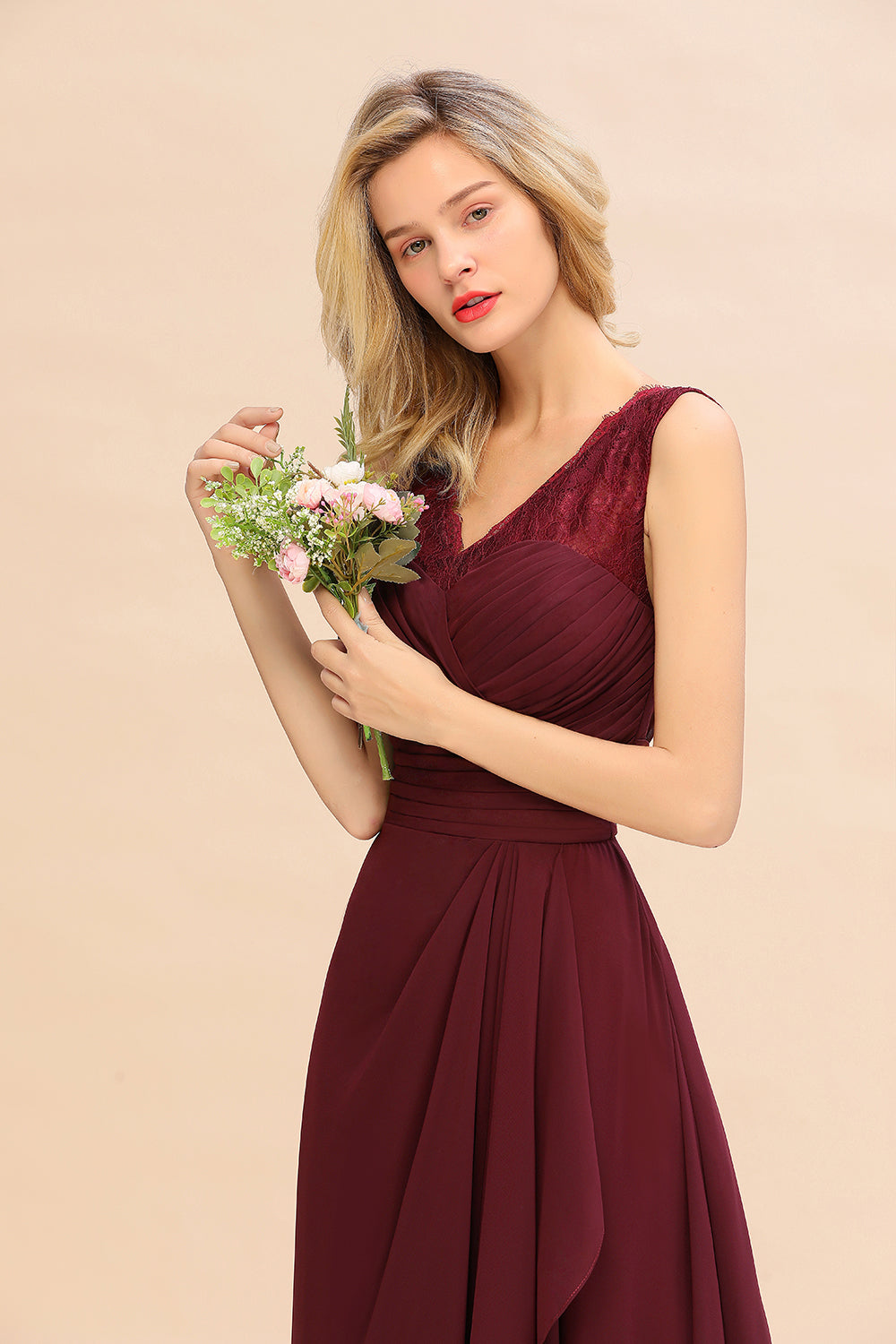 Elegant Lace V-Neck Burgundy Chiffon Bridesmaid Dresses with Ruffle-Babyonlines