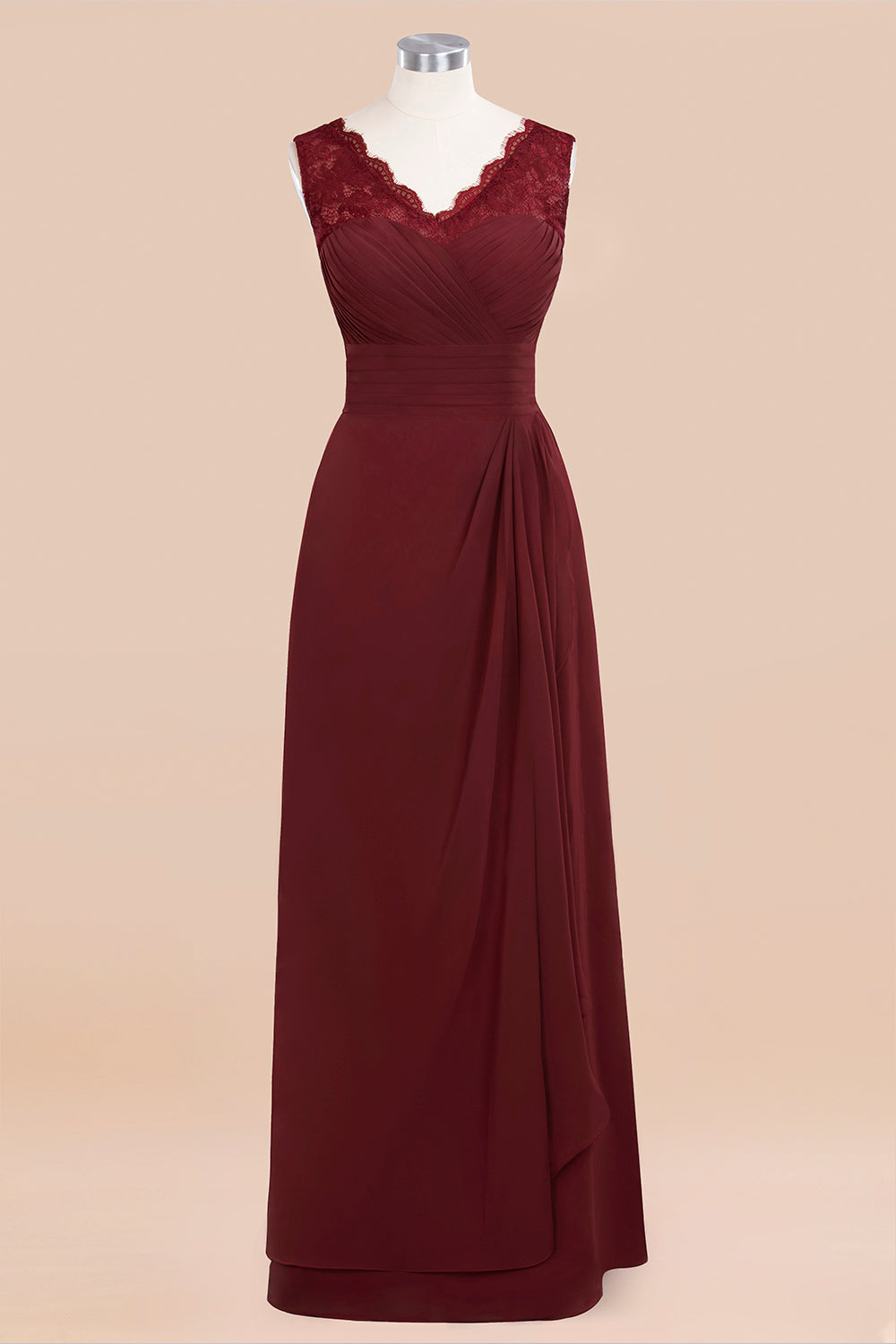 Elegant Lace V-Neck Burgundy Chiffon Bridesmaid Dresses with Ruffle-Babyonlines