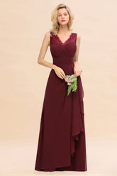 Elegant Lace V-Neck Burgundy Chiffon Bridesmaid Dresses with Ruffle-Babyonlines