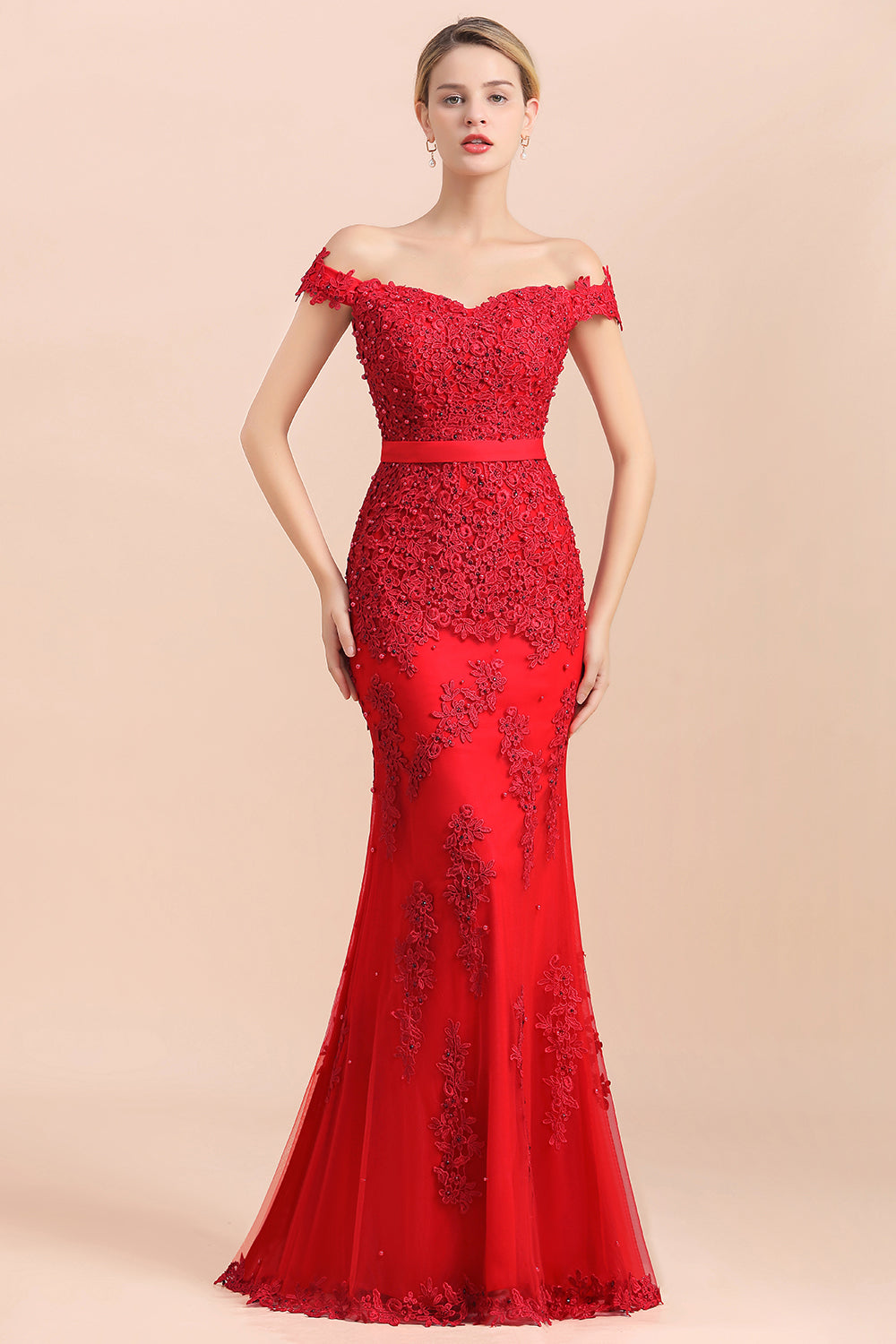 Elegant Mermaid Off the Shoulder Red Lace Appliques Bridesmaid dresses-Babyonlines