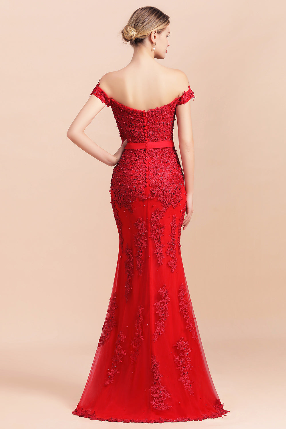 Elegant Mermaid Off the Shoulder Red Lace Appliques Bridesmaid dresses-Babyonlines