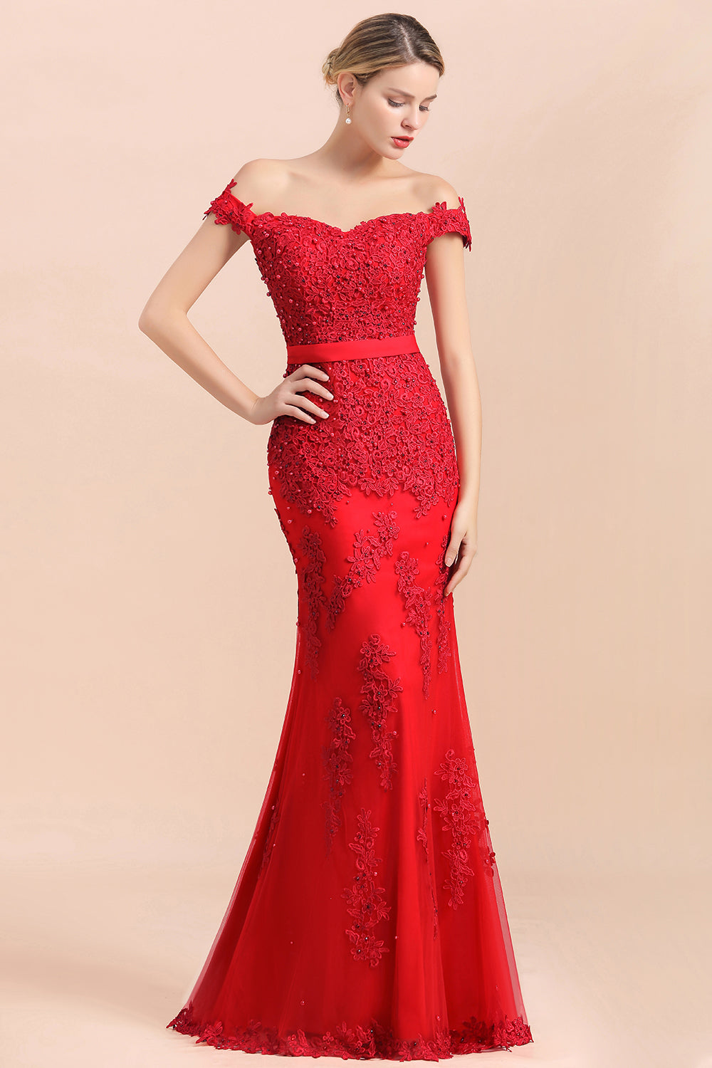 Elegant Mermaid Off the Shoulder Red Lace Appliques Bridesmaid dresses-Babyonlines