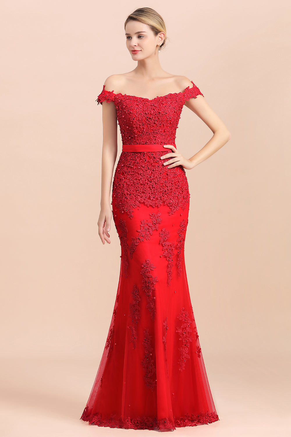 Elegant Mermaid Off the Shoulder Red Lace Appliques Bridesmaid dresses-Babyonlines