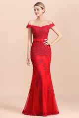 Elegant Mermaid Off the Shoulder Red Lace Appliques Bridesmaid dresses-Babyonlines