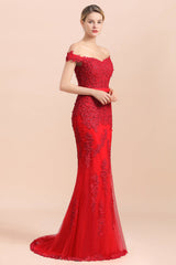 Elegant Mermaid Off the Shoulder Red Lace Appliques Bridesmaid dresses-Babyonlines