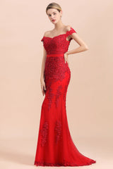 Elegant Mermaid Off the Shoulder Red Lace Appliques Bridesmaid dresses-Babyonlines