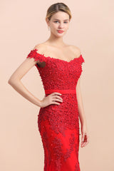 Elegant Mermaid Off the Shoulder Red Lace Appliques Bridesmaid dresses-Babyonlines