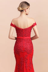 Elegant Mermaid Off the Shoulder Red Lace Appliques Bridesmaid dresses-Babyonlines