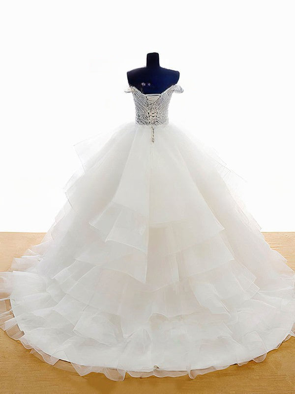 Elegant Off-the-shoulder Ball Gown Wedding Dress with Tiered Organza Skirt