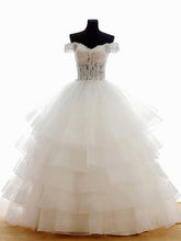 Elegant Off-the-shoulder Ball Gown Wedding Dress with Tiered Organza Skirt