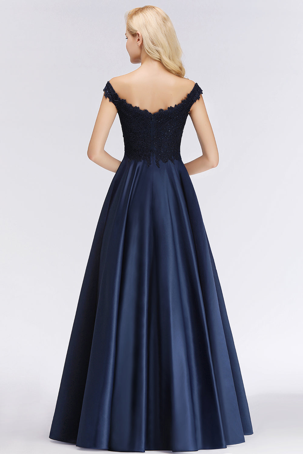 Elegant Off-the-Shoulder Ruffle Navy Lace Bridesmaid Dresses with Beads-Babyonlines