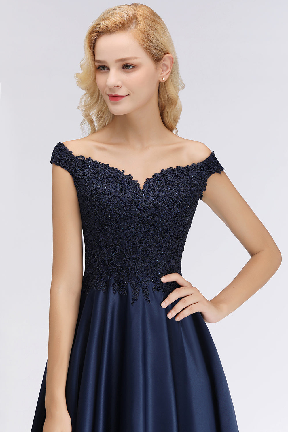 Elegant Off-the-Shoulder Ruffle Navy Lace Bridesmaid Dresses with Beads-Babyonlines
