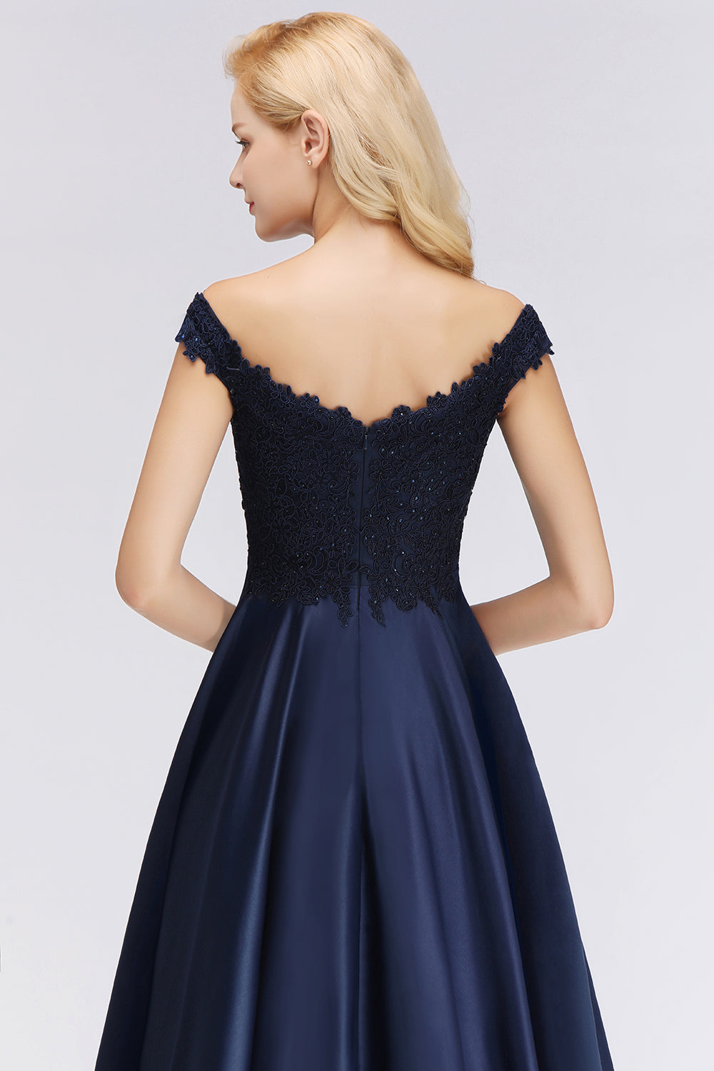 Elegant Off-the-Shoulder Ruffle Navy Lace Bridesmaid Dresses with Beads-Babyonlines
