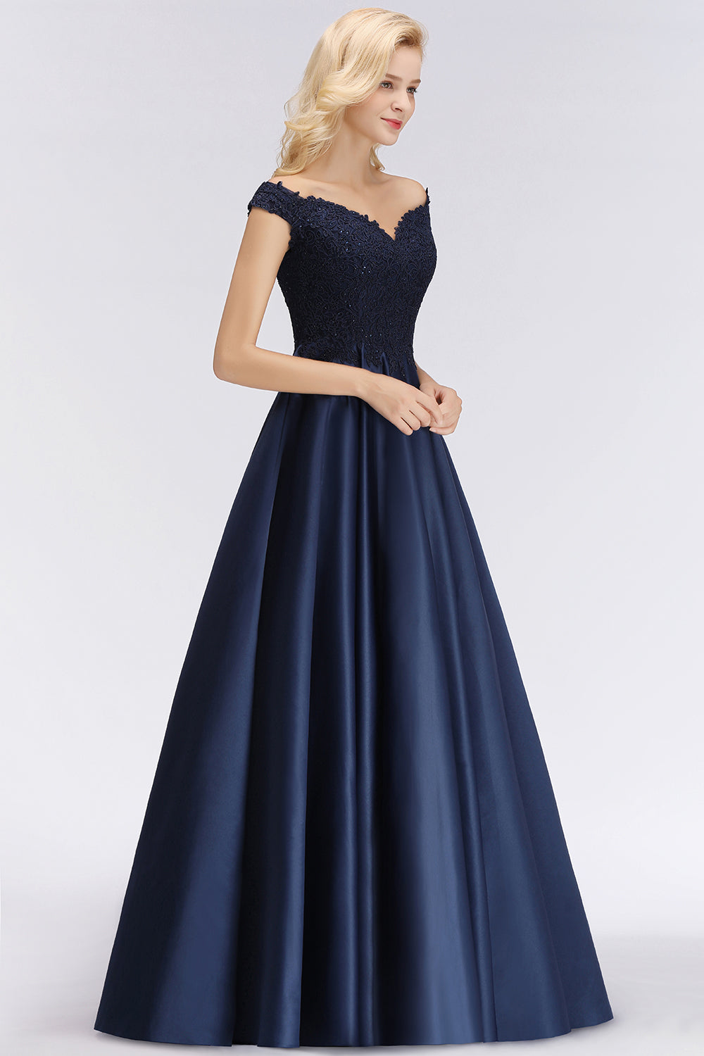 Elegant Off-the-Shoulder Ruffle Navy Lace Bridesmaid Dresses with Beads-Babyonlines