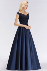 Elegant Off-the-Shoulder Ruffle Navy Lace Bridesmaid Dresses with Beads-Babyonlines