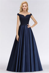Elegant Off-the-Shoulder Ruffle Navy Lace Bridesmaid Dresses with Beads-Babyonlines