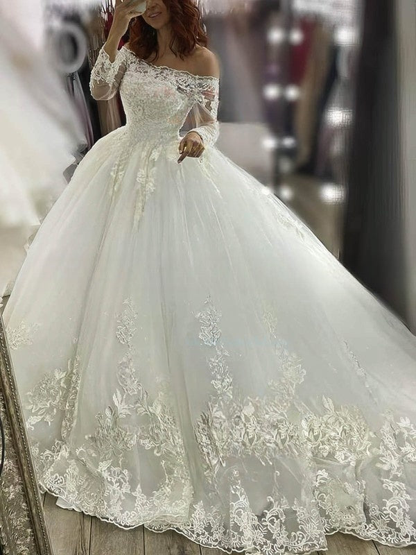 Elegant Off-the-shoulder Tulle Ball Gown Wedding Dresses With Appliques Lace Court Train
