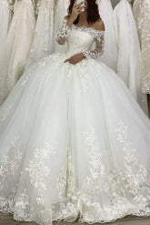 Elegant Off-the-shoulder Tulle Ball Gown Wedding Dresses With Appliques Lace Court Train