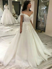 Elegant Off-the-shoulder Tulle Court Train Wedding Dress with Beading