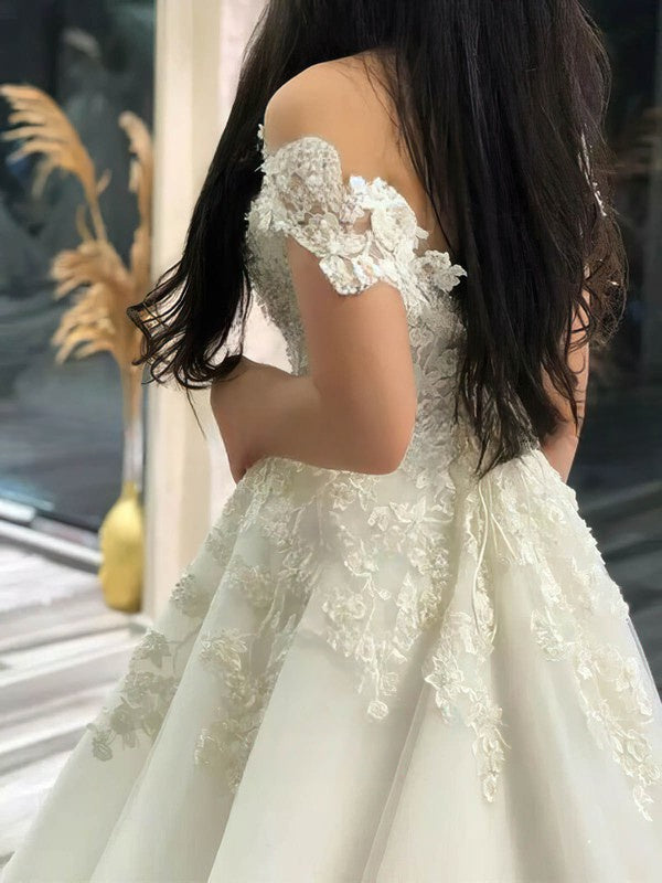 Elegant Off-the-shoulder Tulle Court Train Wedding Dress with Beading