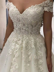 Elegant Off-the-shoulder Tulle Court Train Wedding Dress with Beading