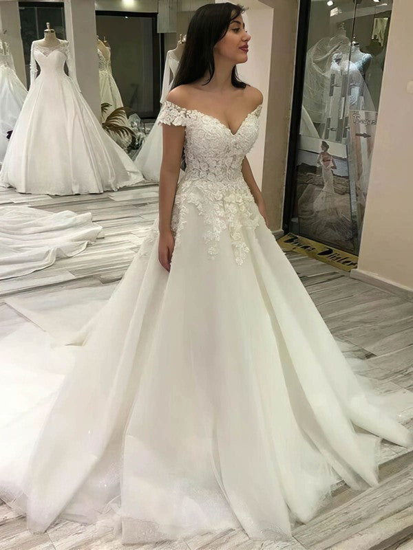 Elegant Off-the-shoulder Tulle Court Train Wedding Dress with Beading