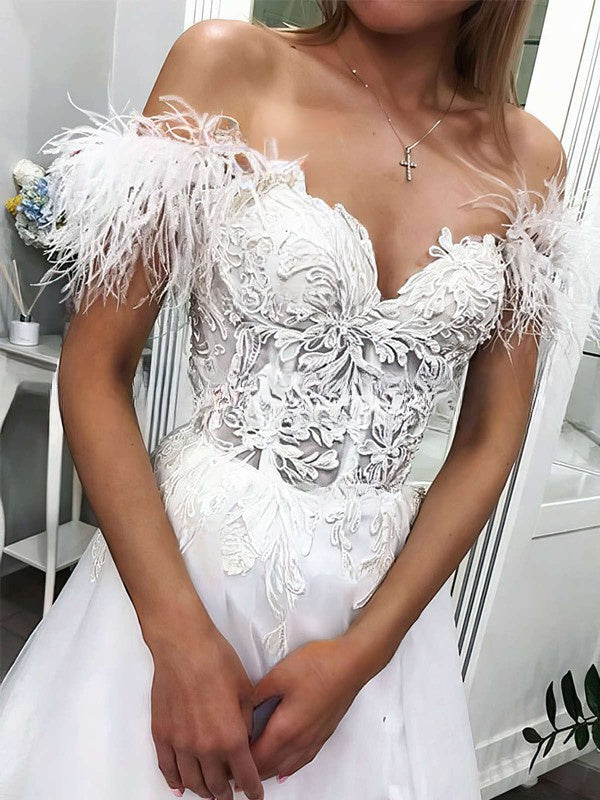 Elegant Off-the-shoulder Wedding Dress with Split Front & Tulle Sweep Train