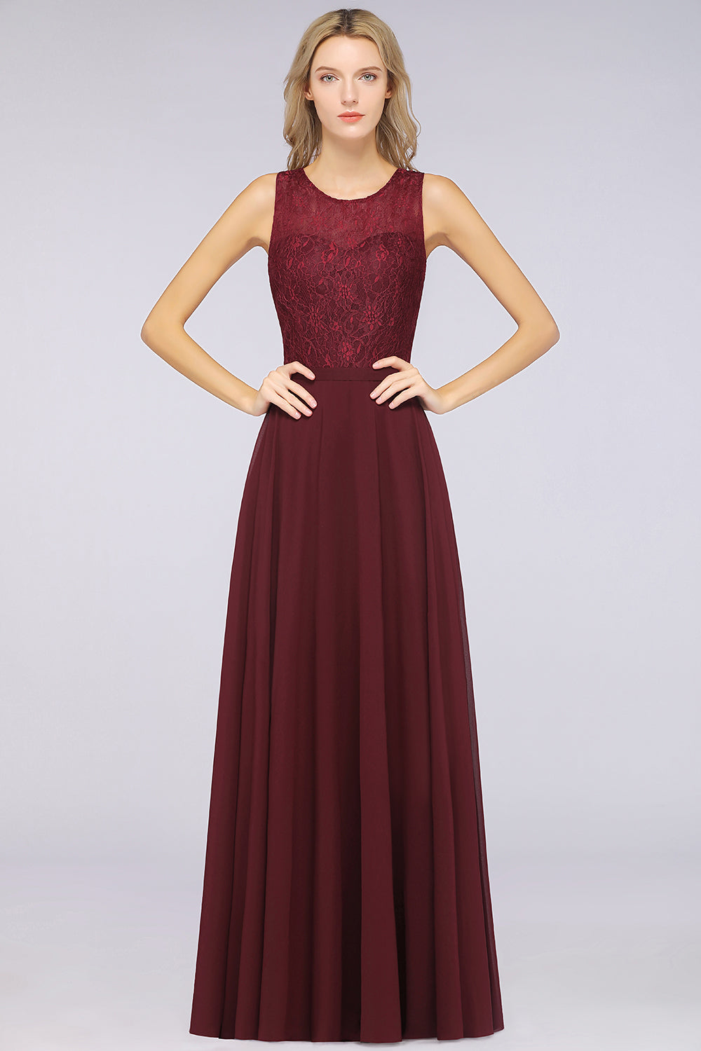 Elegant Roud Neckline Sleeveless Burgundy Lace Bridesmaid Dress Online-Babyonlines
