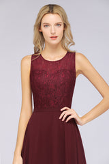 Elegant Roud Neckline Sleeveless Burgundy Lace Bridesmaid Dress Online-Babyonlines