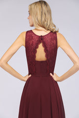 Elegant Roud Neckline Sleeveless Burgundy Lace Bridesmaid Dress Online-Babyonlines