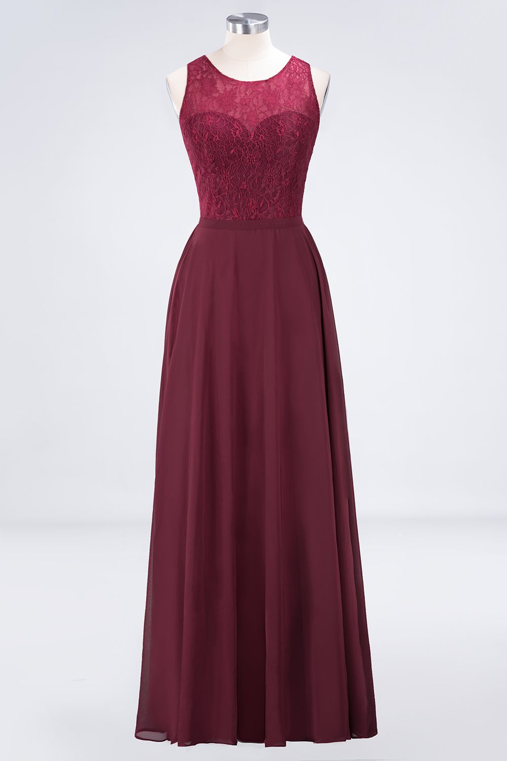 Elegant Roud Neckline Sleeveless Burgundy Lace Bridesmaid Dress Online-Babyonlines