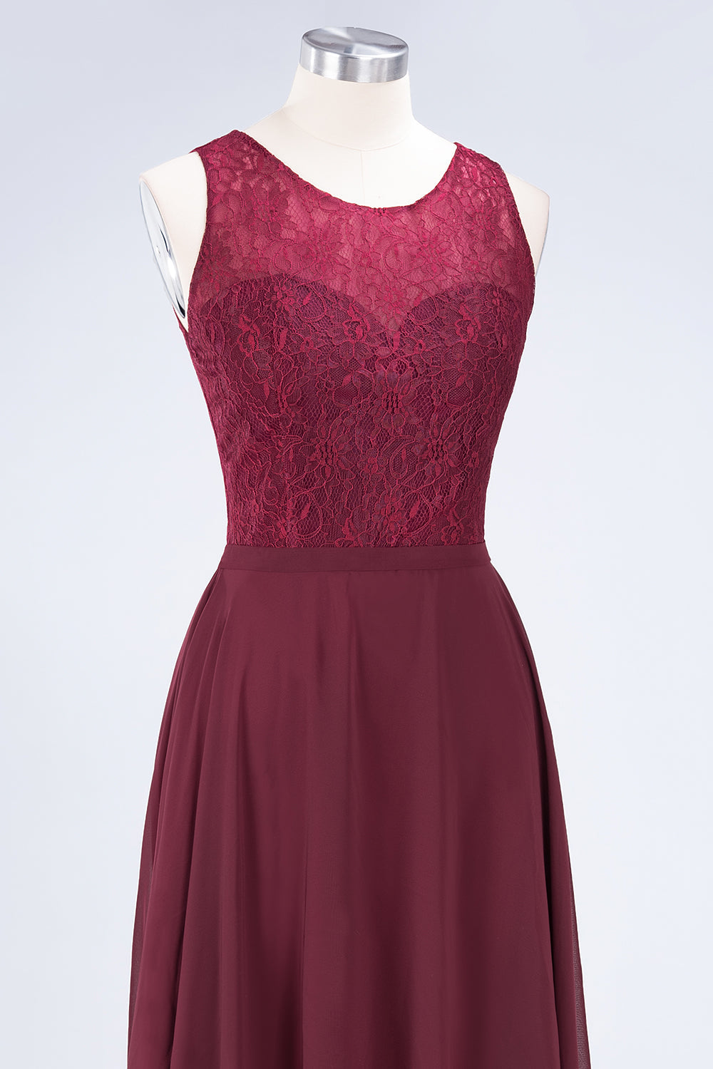 Elegant Roud Neckline Sleeveless Burgundy Lace Bridesmaid Dress Online-Babyonlines