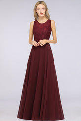 Elegant Roud Neckline Sleeveless Burgundy Lace Bridesmaid Dress Online-Babyonlines