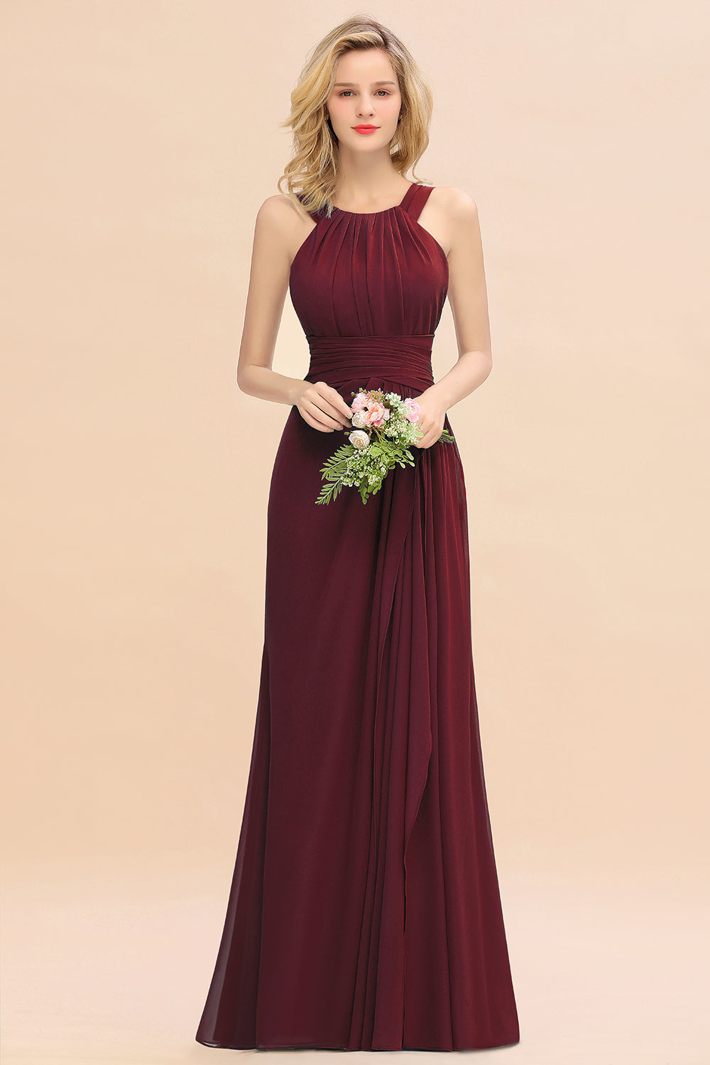 Elegant Round Neck Sleeveless Bridesmaid Dress with Ruffles-Babyonlines