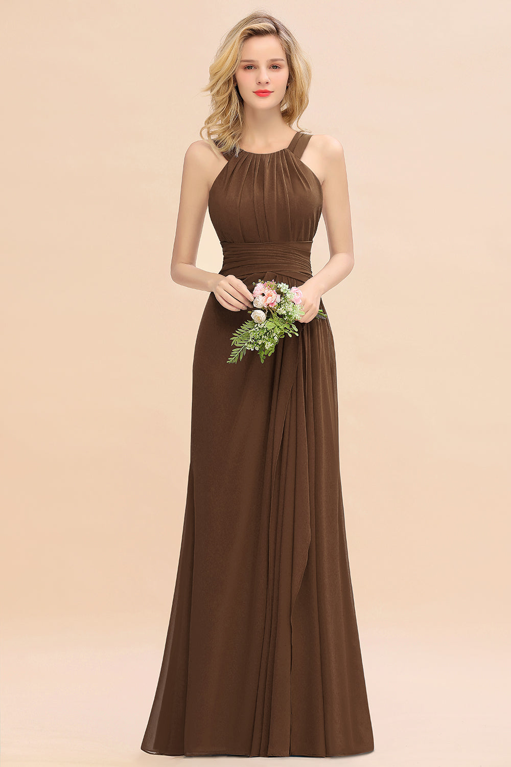 Elegant Round Neck Sleeveless Bridesmaid Dress with Ruffles-Babyonlines