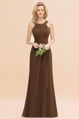Elegant Round Neck Sleeveless Bridesmaid Dress with Ruffles-Babyonlines
