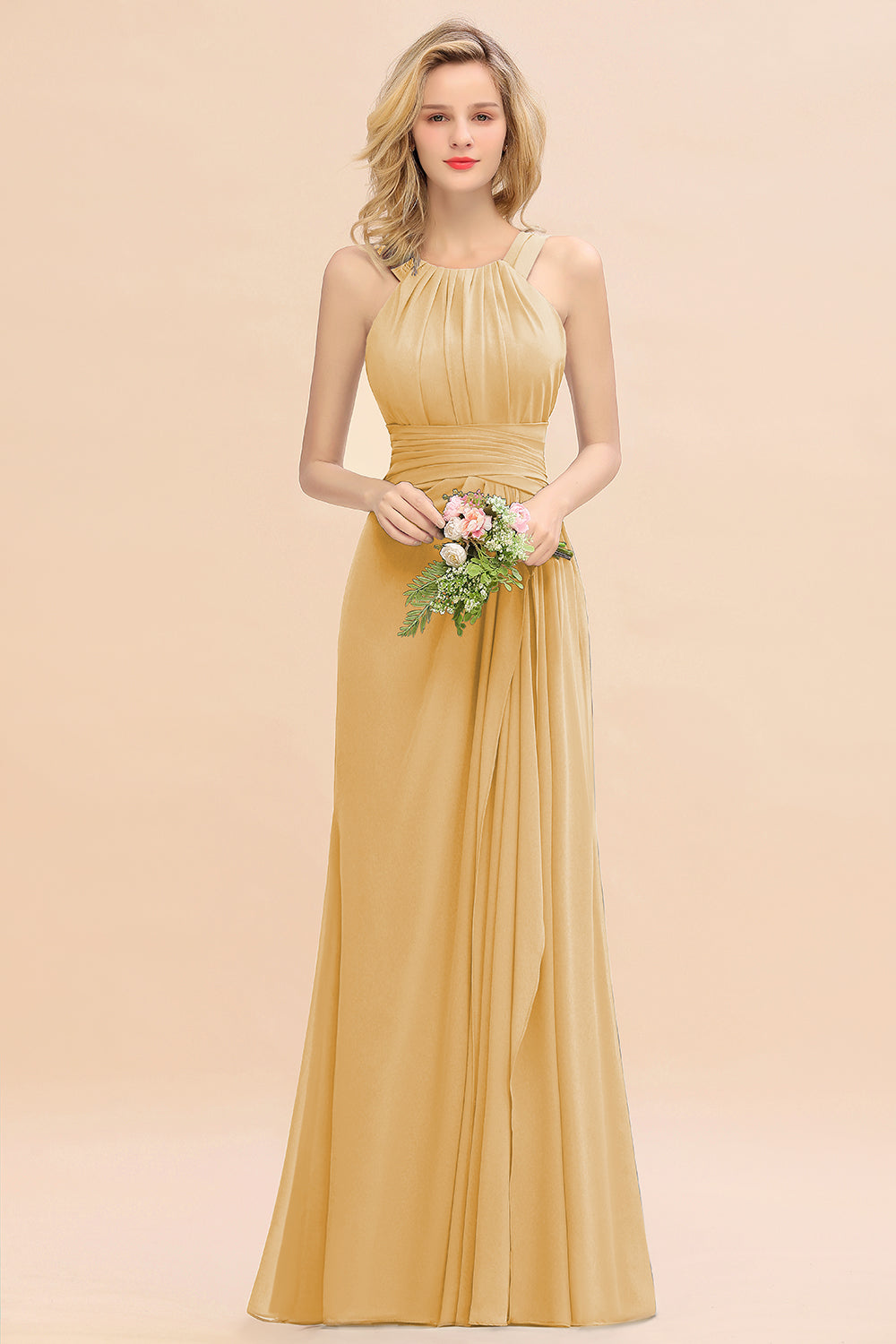 Elegant Round Neck Sleeveless Bridesmaid Dress with Ruffles-Babyonlines