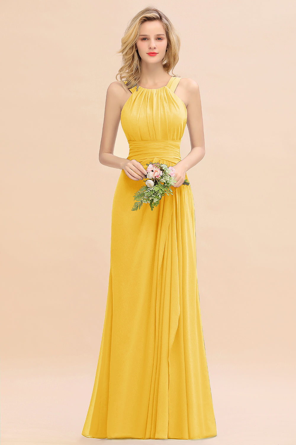 Elegant Round Neck Sleeveless Bridesmaid Dress with Ruffles-Babyonlines