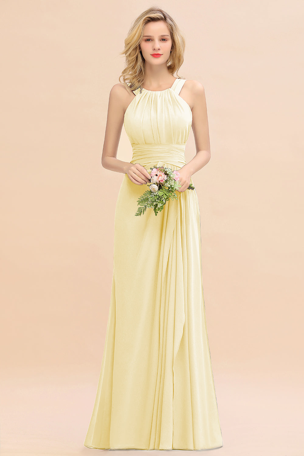 Elegant Round Neck Sleeveless Bridesmaid Dress with Ruffles-Babyonlines
