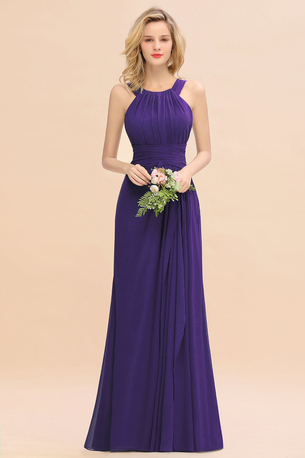 Elegant Round Neck Sleeveless Bridesmaid Dress with Ruffles-Babyonlines