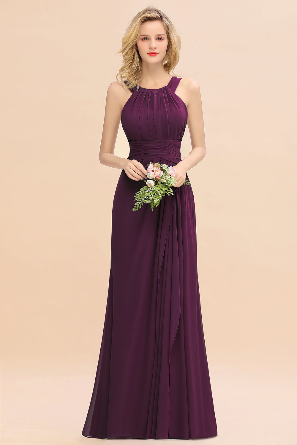 Elegant Round Neck Sleeveless Bridesmaid Dress with Ruffles-Babyonlines
