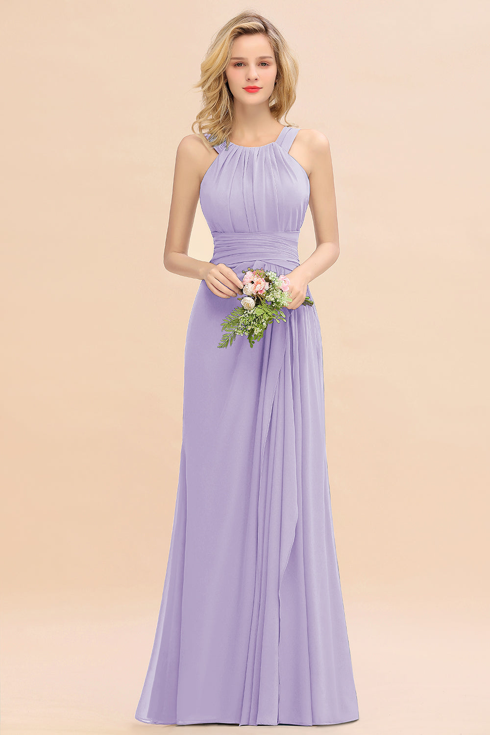 Elegant Round Neck Sleeveless Bridesmaid Dress with Ruffles-Babyonlines
