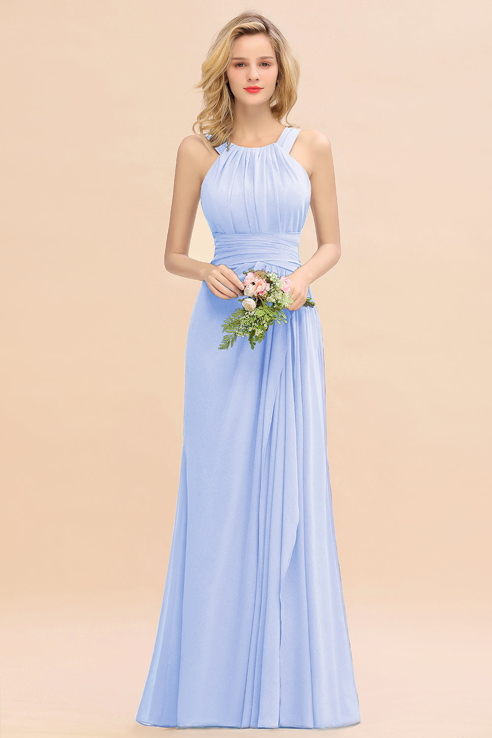 Elegant Round Neck Sleeveless Bridesmaid Dress with Ruffles-Babyonlines