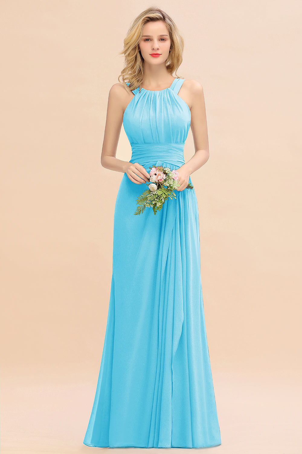Elegant Round Neck Sleeveless Bridesmaid Dress with Ruffles-Babyonlines