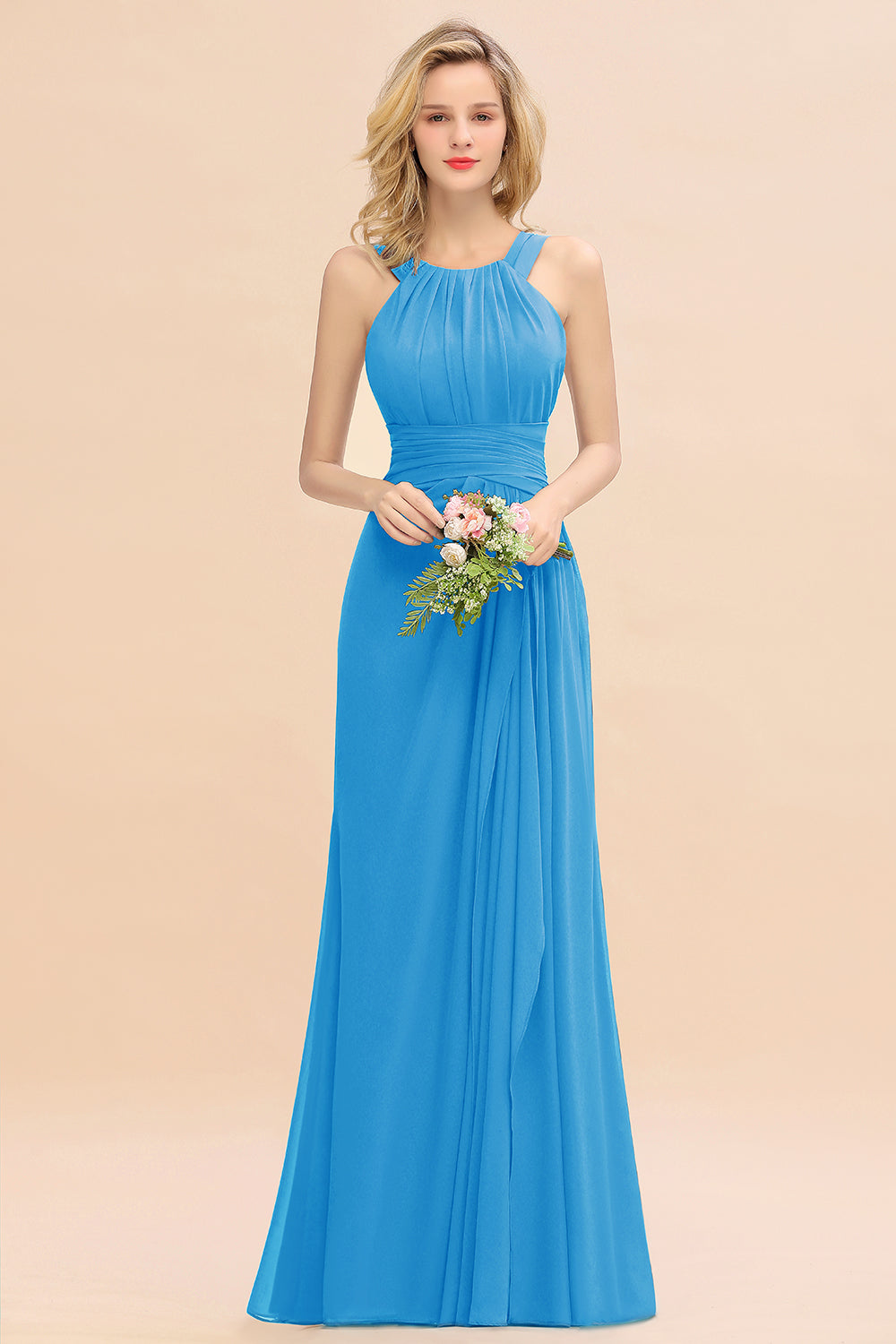 Elegant Round Neck Sleeveless Bridesmaid Dress with Ruffles-Babyonlines