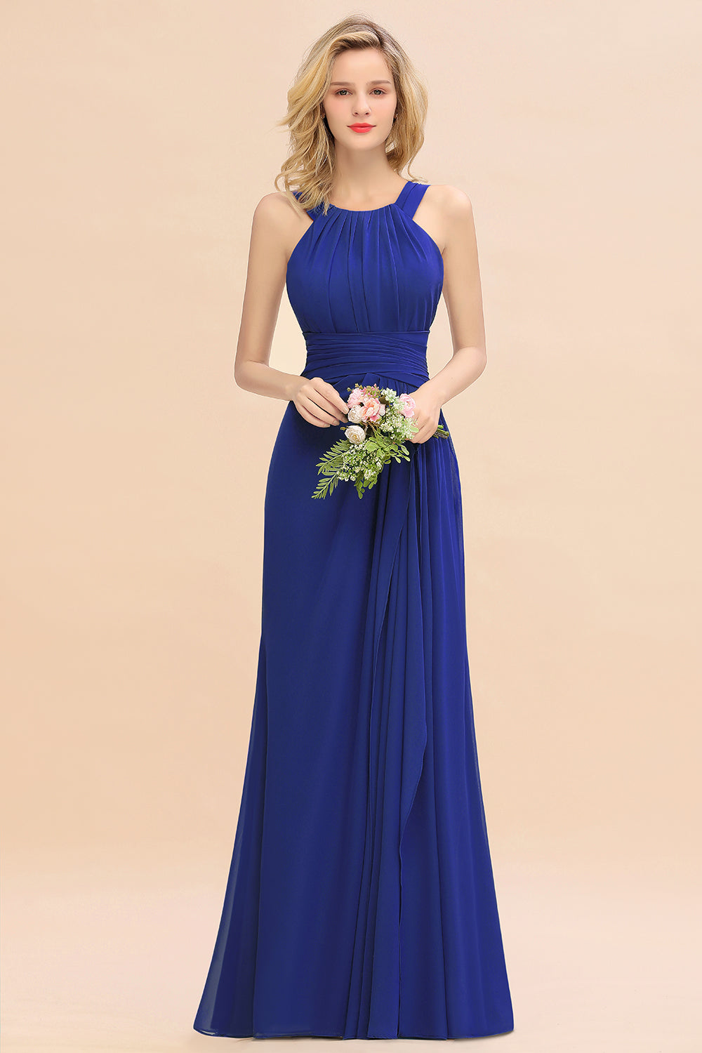 Elegant Round Neck Sleeveless Bridesmaid Dress with Ruffles-Babyonlines