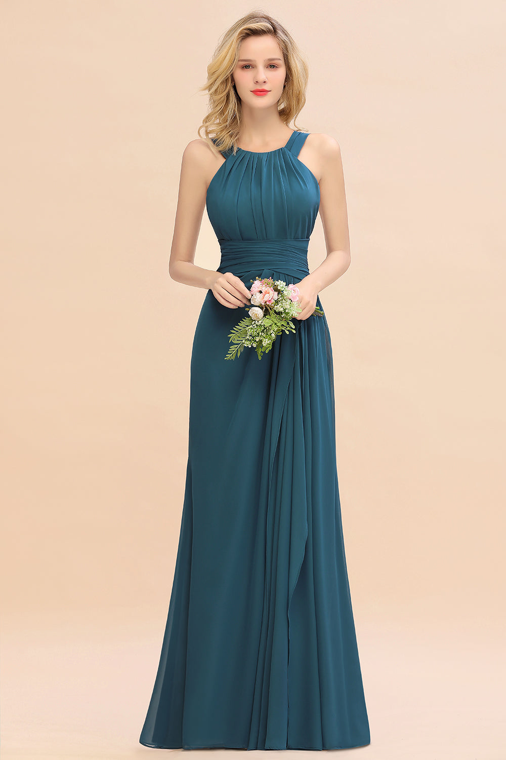 Elegant Round Neck Sleeveless Bridesmaid Dress with Ruffles-Babyonlines