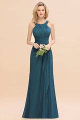 Elegant Round Neck Sleeveless Bridesmaid Dress with Ruffles-Babyonlines